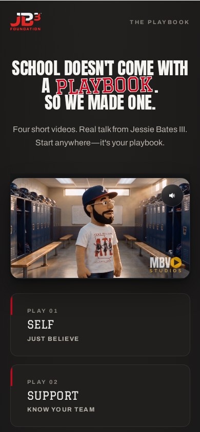 Real mobile screenshot of the JB3 Playbook website