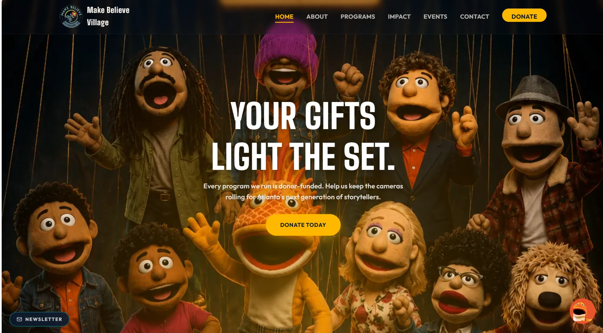 Make Believe Village Project final hero frame: puppet cast behind Your gifts light the set