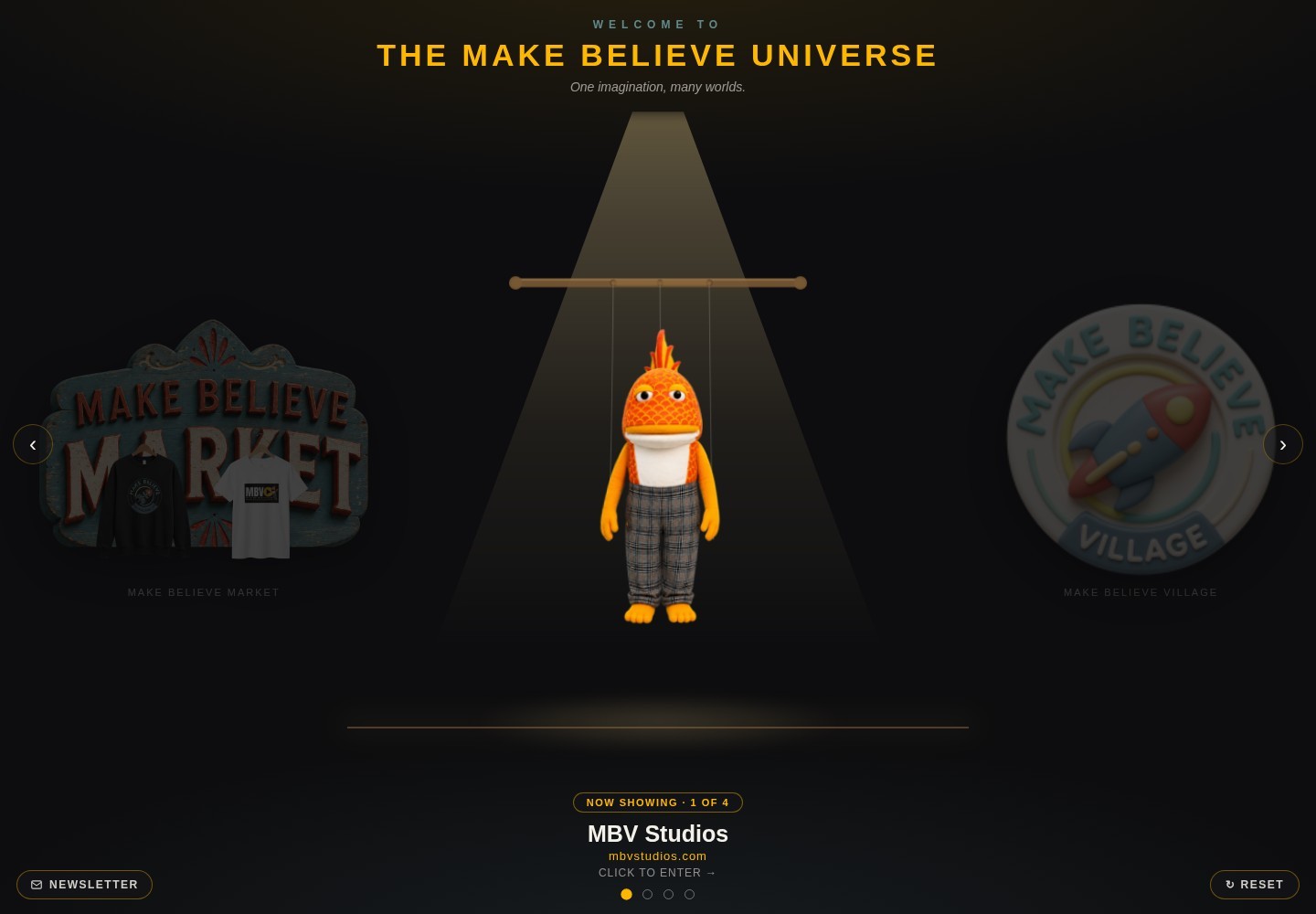 Real desktop screenshot of the Make Believe Village website