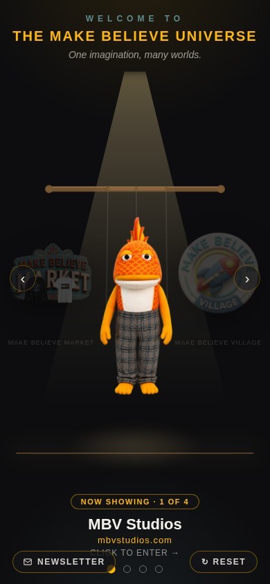 Real mobile screenshot of the Make Believe Village website